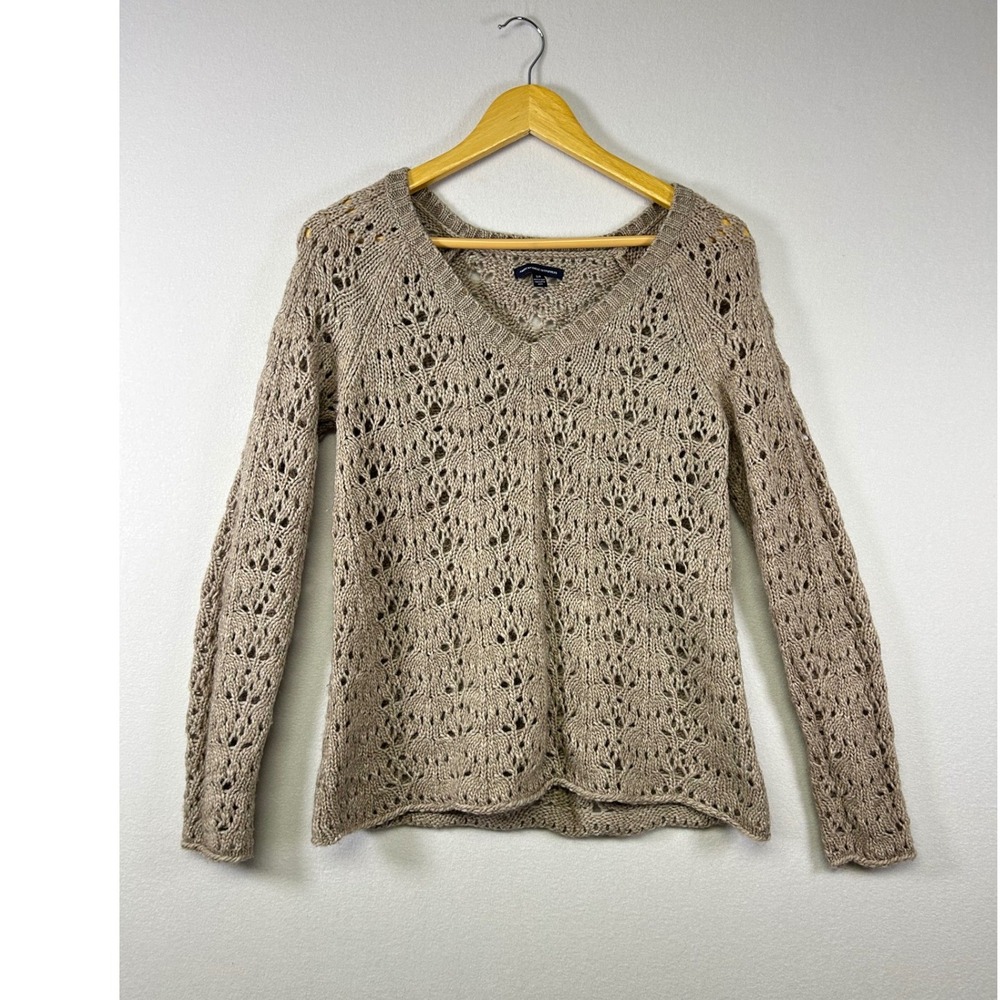 American Eagle Sweater Women Small Tan Pointelle Wool Blend Open Knit Boho